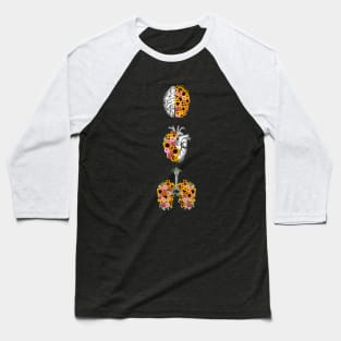 Set of human organ, lungs, heart and brain with sunflowers and daisy Baseball T-Shirt